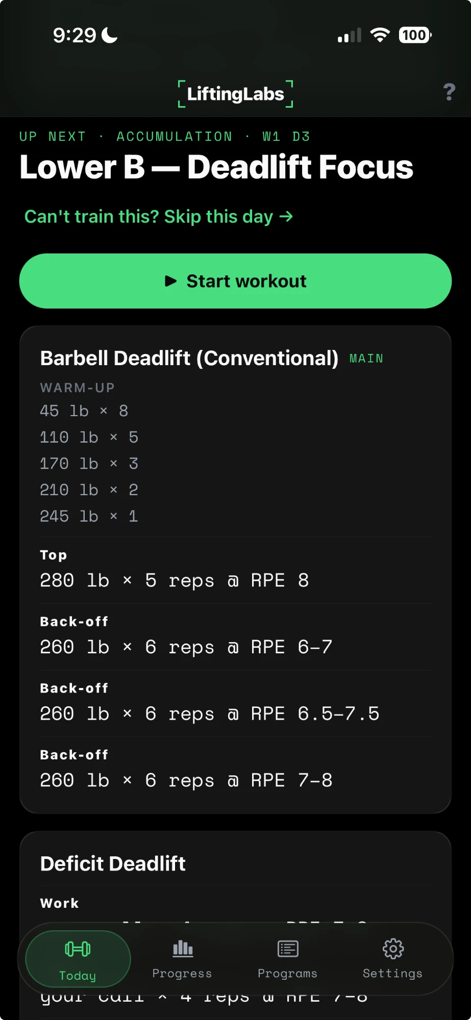The LiftingLabs Today screen: the next prescribed session — Barbell Deadlift, with warm-up, top, and back-off sets at target RPEs.